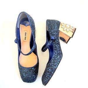 Miu Miu Midnight Blue Glitter Rhinestone embellished Mary Jane Pumps EU 38.5